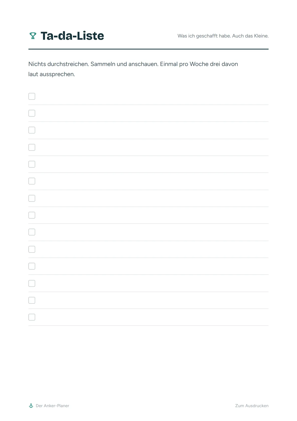Die Ta-da-Liste — Arbeitsblatt aus dem Anker-Planer